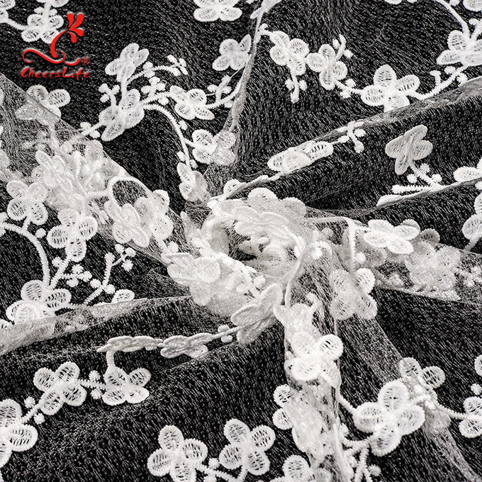 100 ٪ بوليستر مطرز أقمشة الدانتيل Bussy Floral Lace لفستان الزفاف مع صافي السويسري