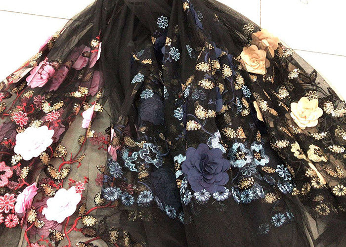Flower Embroidered Sequin Lace Fabric , Multi Colored 3D Flower Mesh Lace Fabrics